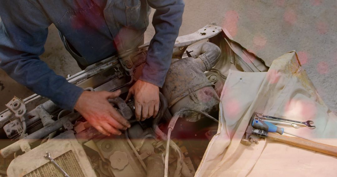 Mechanic Adjusting Radiator Hoses Under Open Hood in Workshop