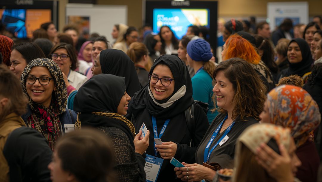 Diverse Professionals Engaging in Networking Event with Digital Elements