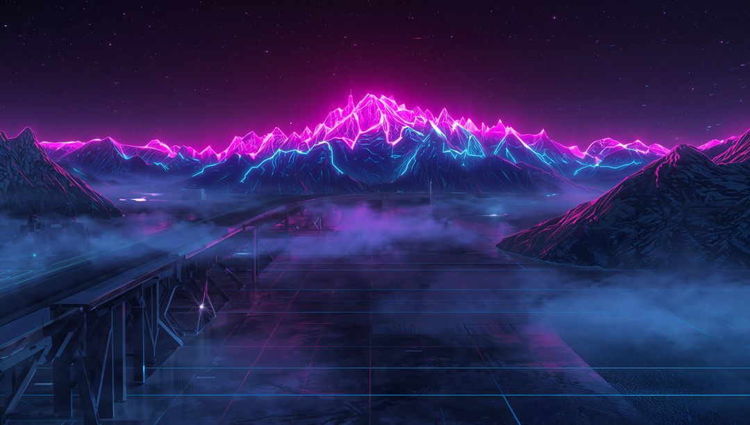 Glowing Neon Mountains Reflecting on Futuristic Grid with Foggy Overpass at Night