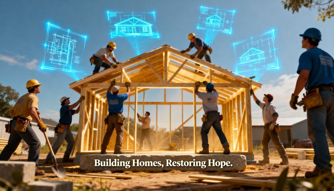 Construction Crew Assembling Framed House with Holographic Blueprints, Sunlit Community Build