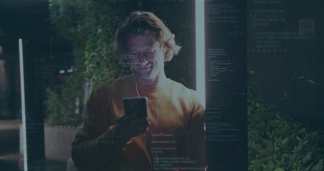 Young man listening on wired earbuds checking smartphone under neon lights with code overlay