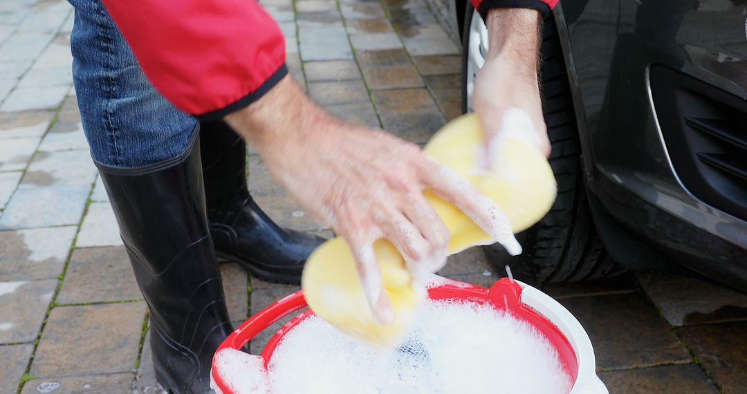 Midsection of caucasian man holding yellow sponge and washing car in garden - Free Images, Stock Photos and Pictures on Pikwizard.com