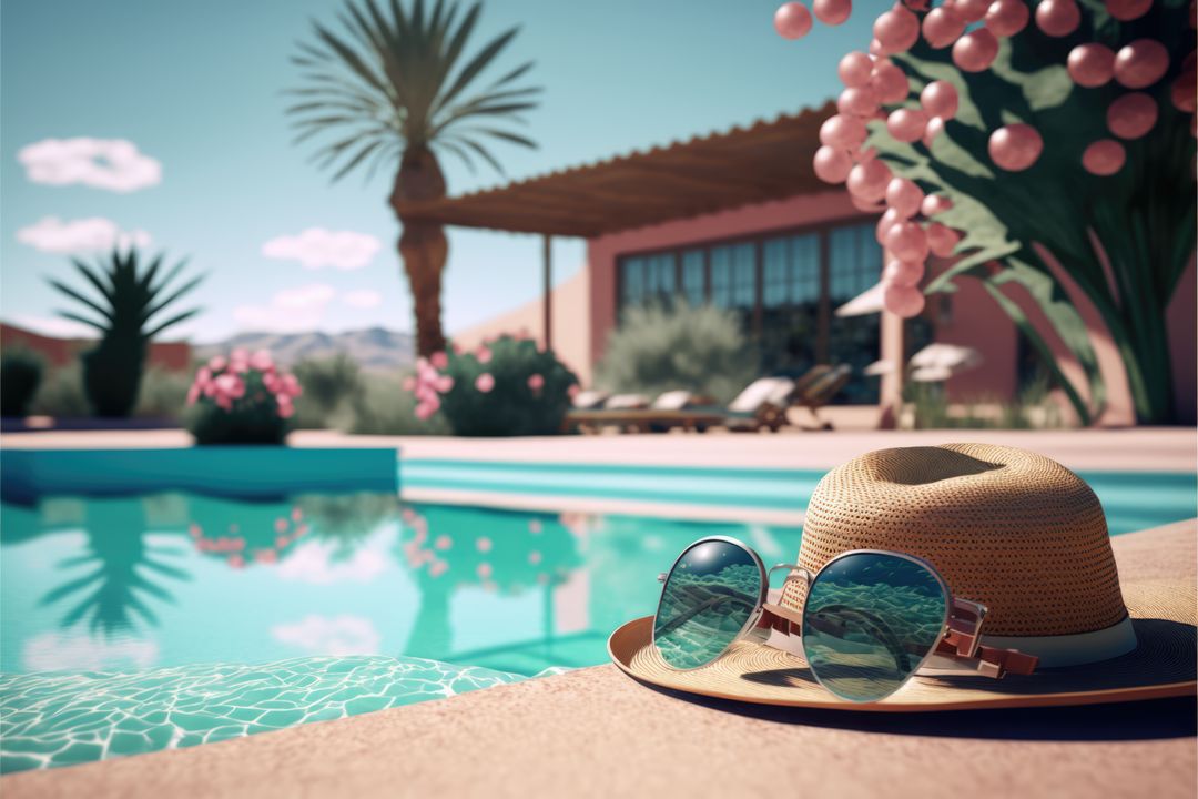 Summer Poolside Scene with Hat and Sunglasses in Majestic Resort Setting - Free Images, Stock Photos and Pictures on Pikwizard.com