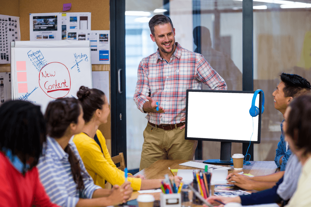 Creative Office Team Brainstorming with Transparent Screen Example
