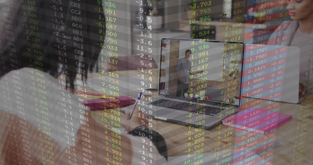 Team discussing remote speaker on laptop with market ticker overlay for hybrid meeting