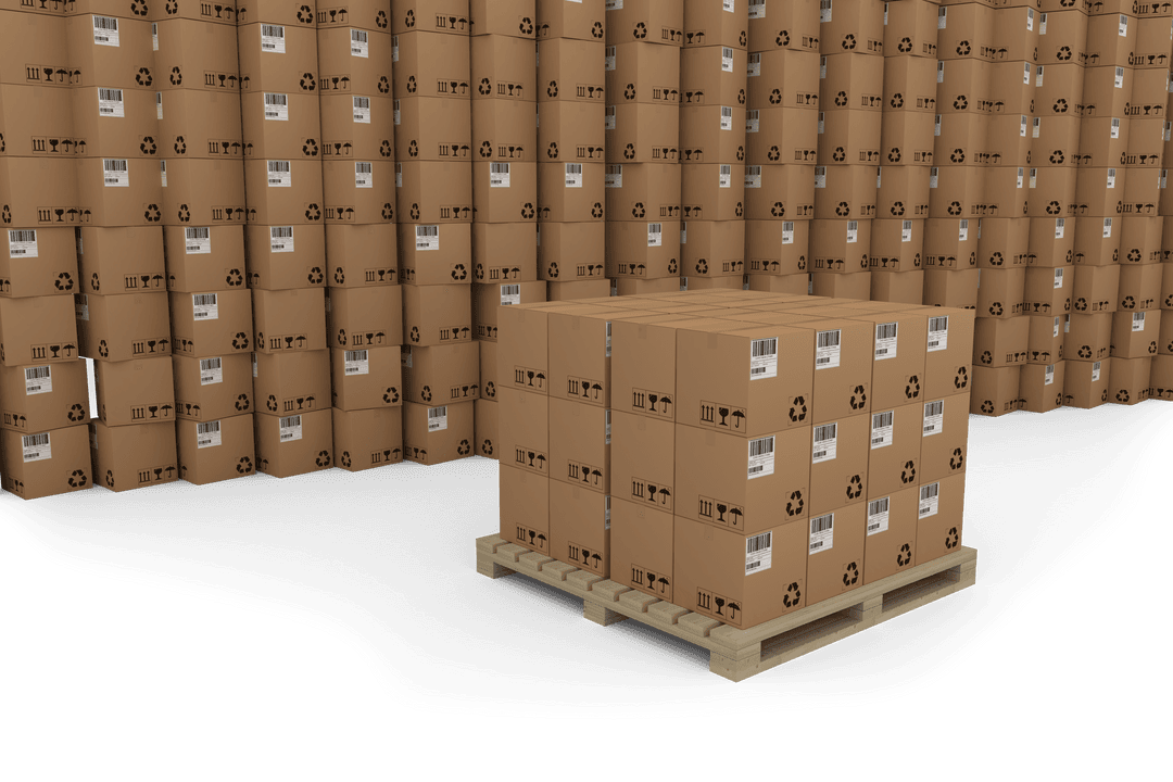 Transparent Cardboard Boxes Stacked on Wooden Pallet for Shipping