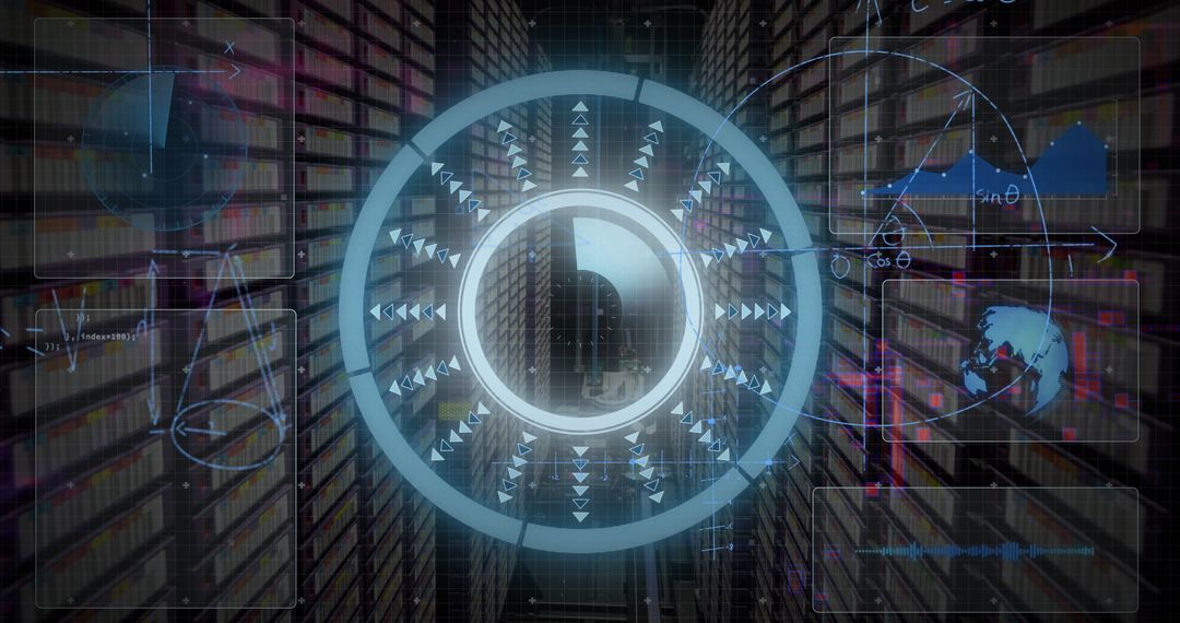 Futuristic Holographic Interface in Data Center Corridor