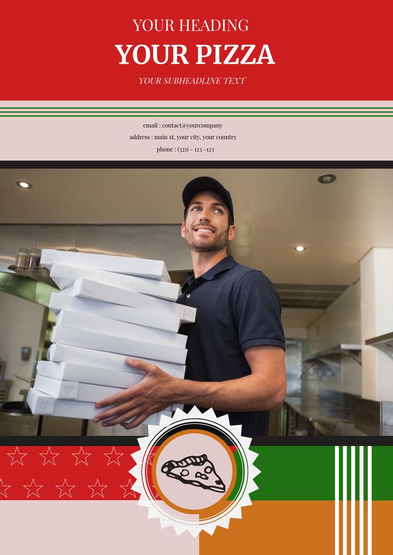 Smiling Delivery Driver Holding Stack of Pizza Boxes