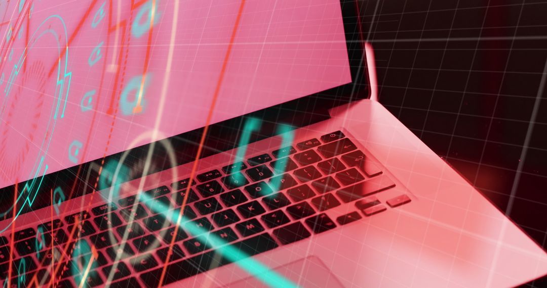 Digital interface display with abstract data streams on laptop