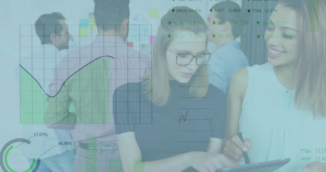 Professional Collaborating with Tablet and Data Visualizations Overlay