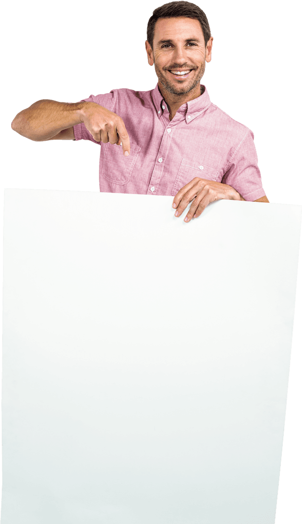 Smiling Man Pointing at Blank Transparent Sheet Full of Potential
