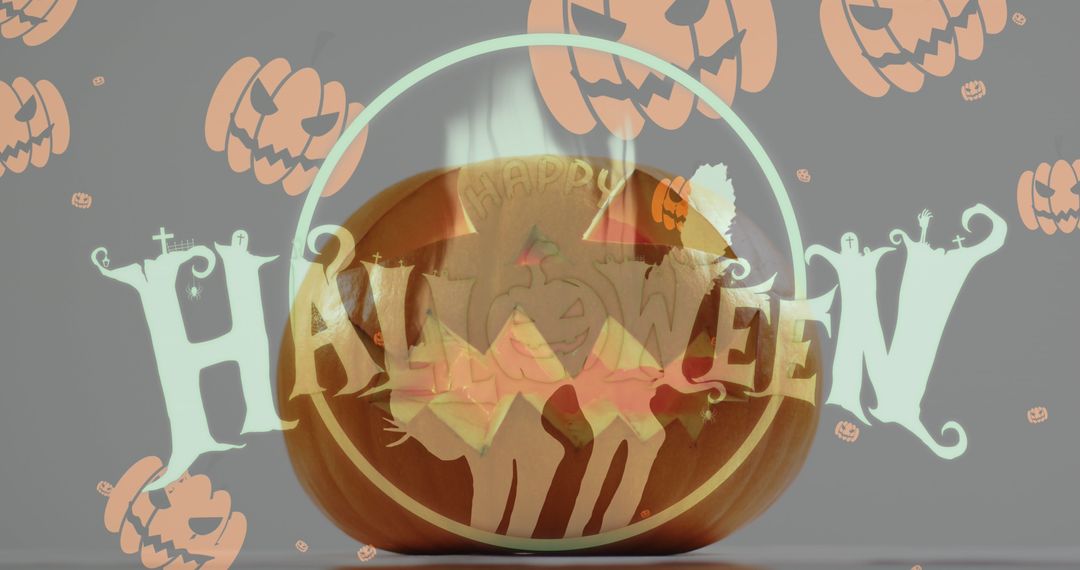 Happy Halloween Pumpkins with Festive Graphics on Gray