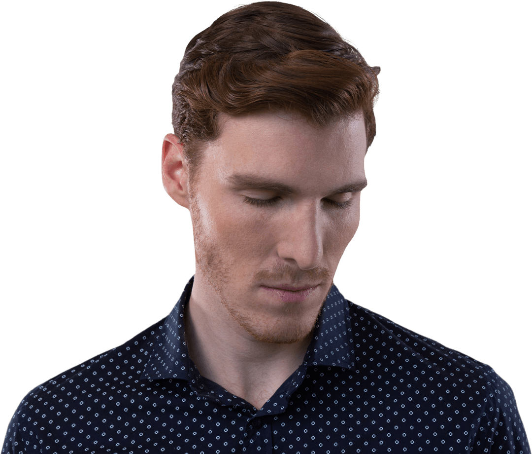 Thoughtful Redhead Man Gazing Down with Closed Eyes Transparent Background