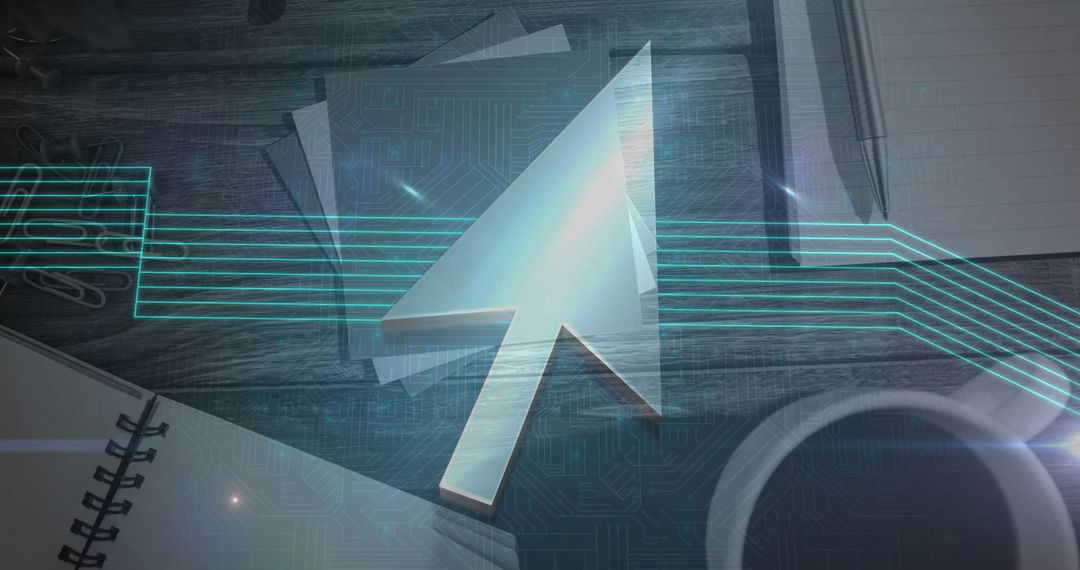 Digital Cursor Overlay on Office Desk with Papers and Coffee