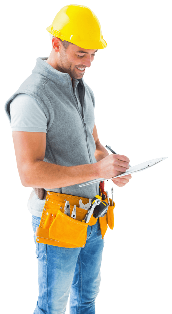 Transparent Construction Worker Looking at Checklist Clipboard