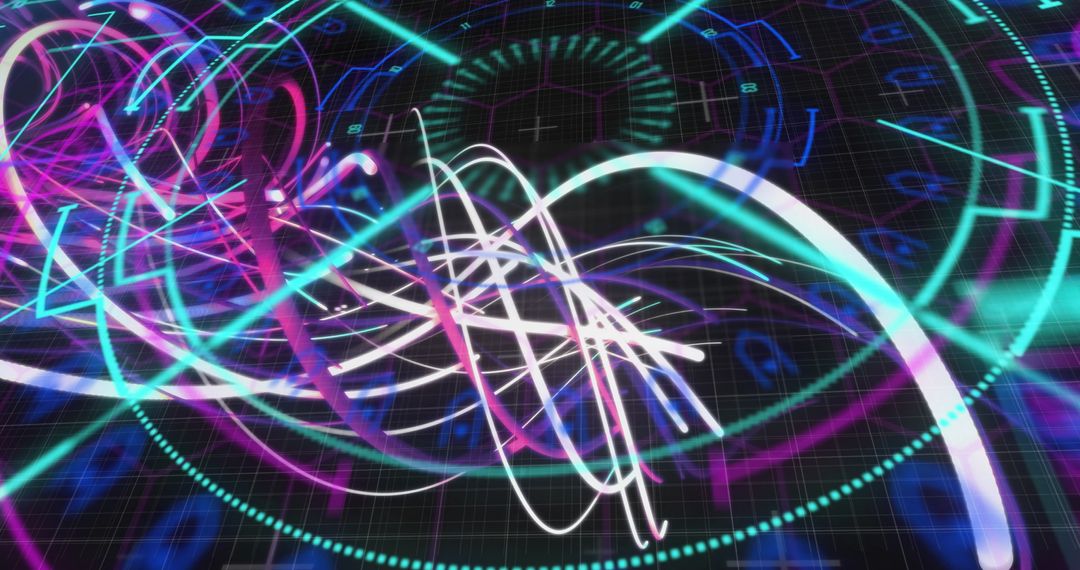 Abstract Digital Interface with Vibrant Light Trails and Geometric Shapes