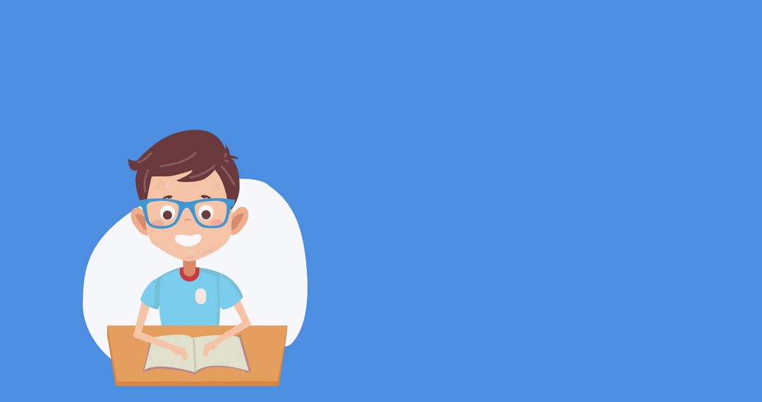 Smiling Boy Cartoon Reading Book on Blue School Concept