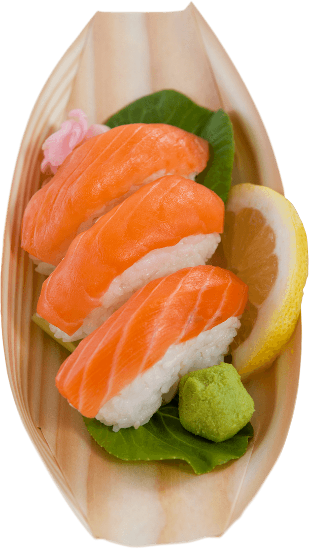 Transparent View of Fresh Salmon Nigiri in Wooden Boat