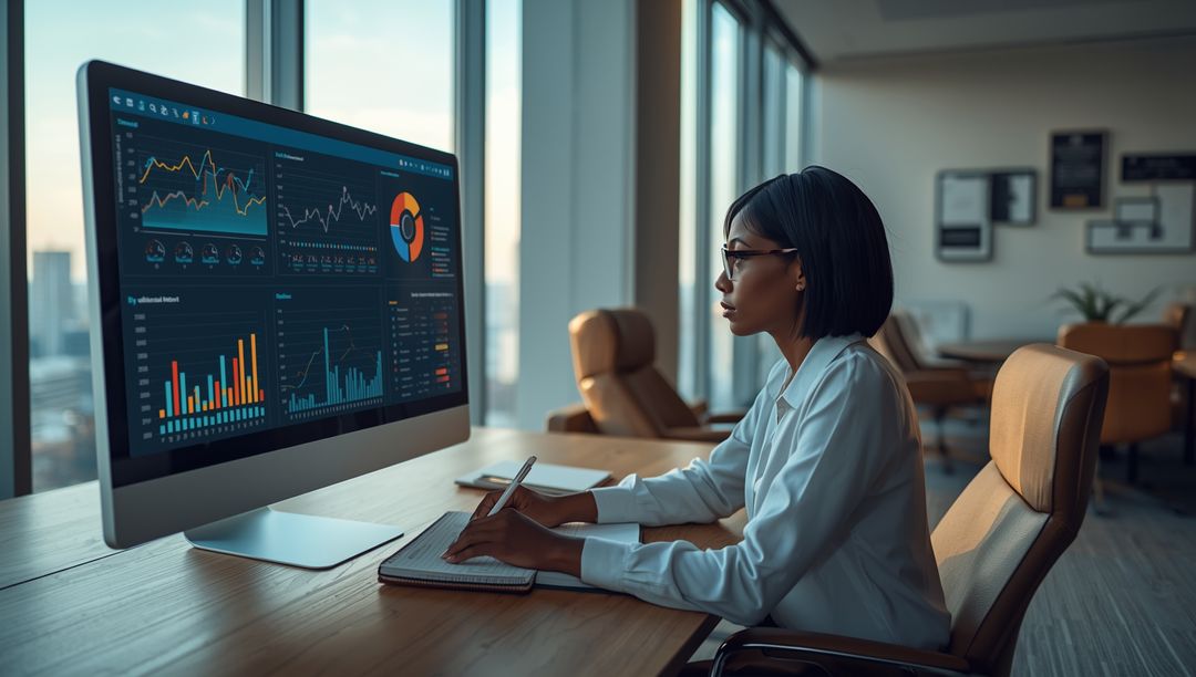Focused Businesswoman Analyzing Data on Modern Computer Display