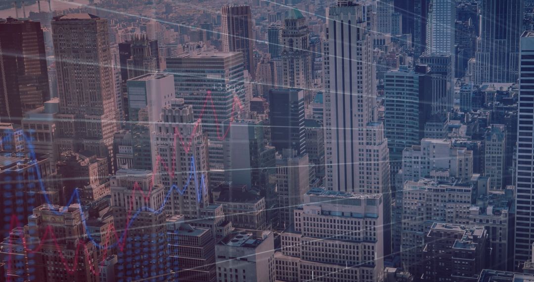 City Skyline Overlay with Abstract Financial Graphs