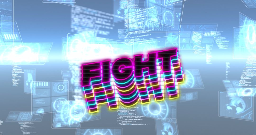 Retro Neon 3D Fight Text with Digital Interface Background
