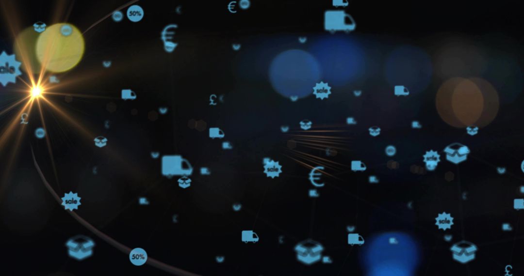 Glowing logistics network with floating commerce icons, currency symbols and lens flare