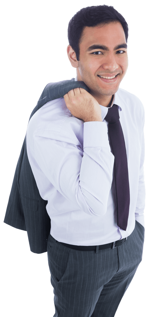 Smiling Businessman in Suit with Jacket Over Shoulder on Transparent Background