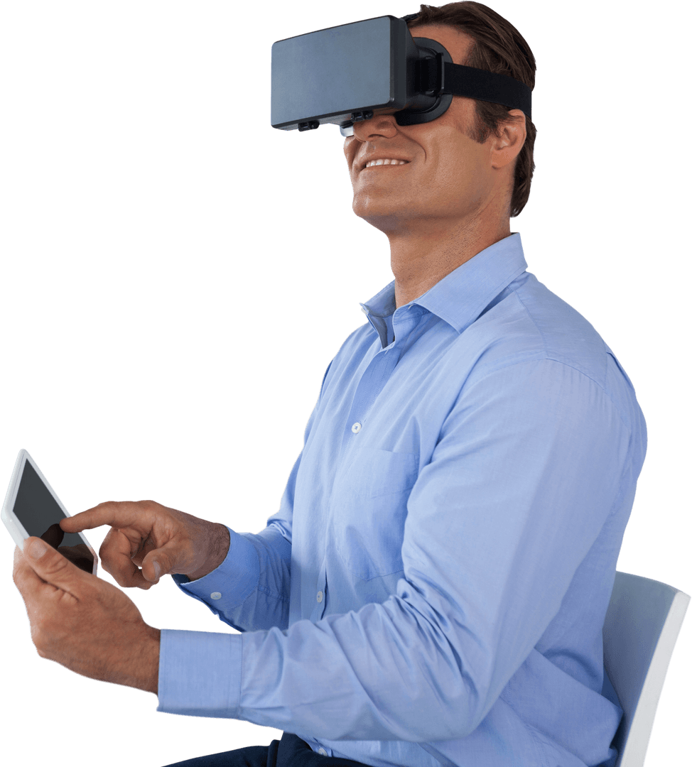 Transparent view of businessman exploring VR technology with digital tablet