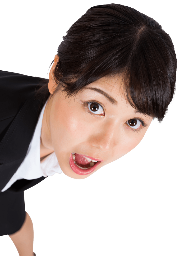 Surprised Asian Businesswoman Looking at Virtual Content with Open Mouth