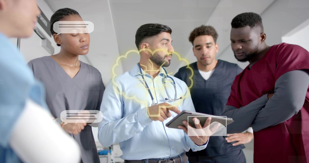 Doctors and Nurses Collaborating on Tablet with Digital Interface in Hospital Corridor
