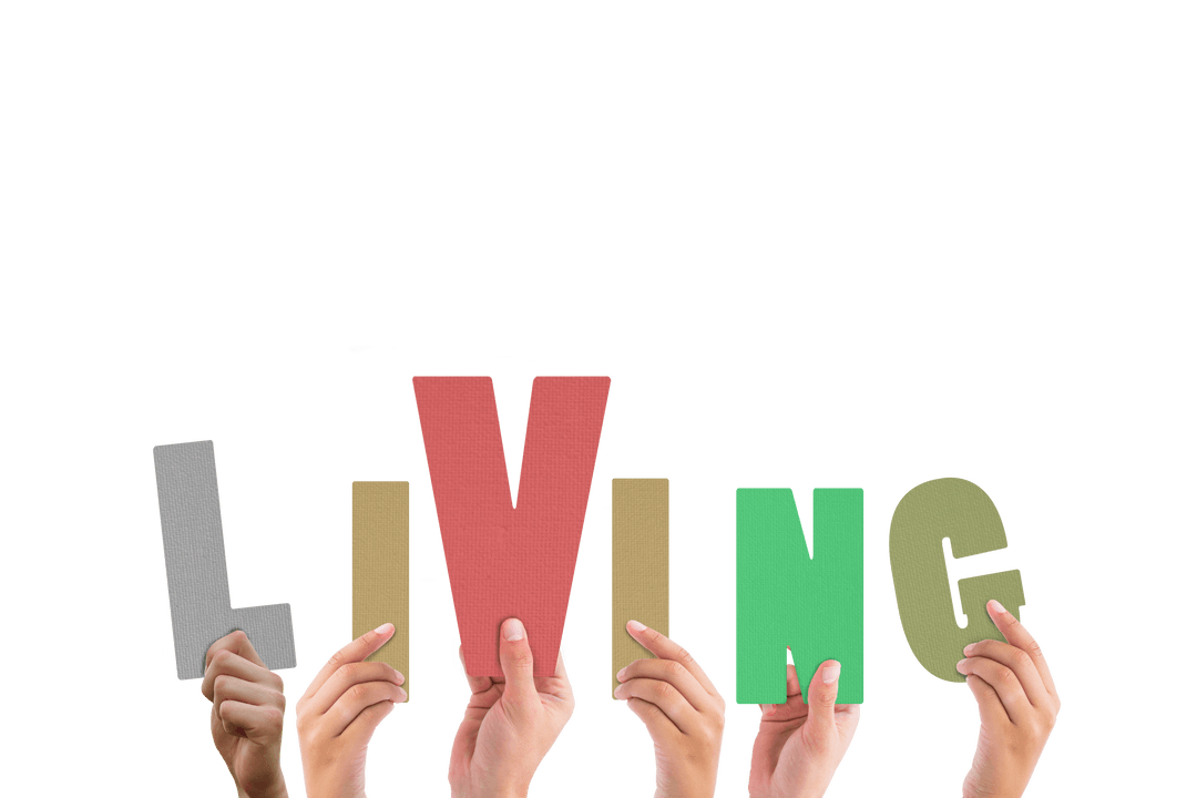Diverse Hands Holding Living Typography on Transparent Background