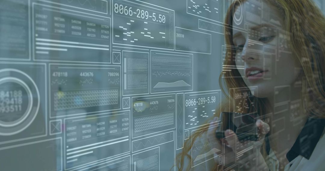 Woman Analyzing Data Panels with Smartphone at Futuristic Control Center