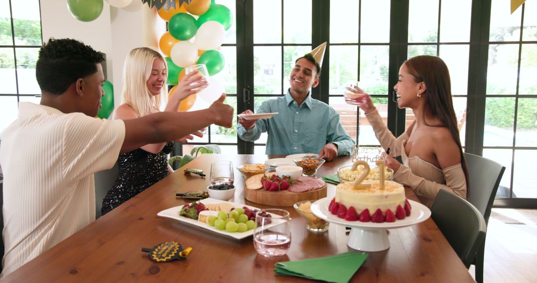 Happy Friends Celebrating Birthday with Toast and Cake