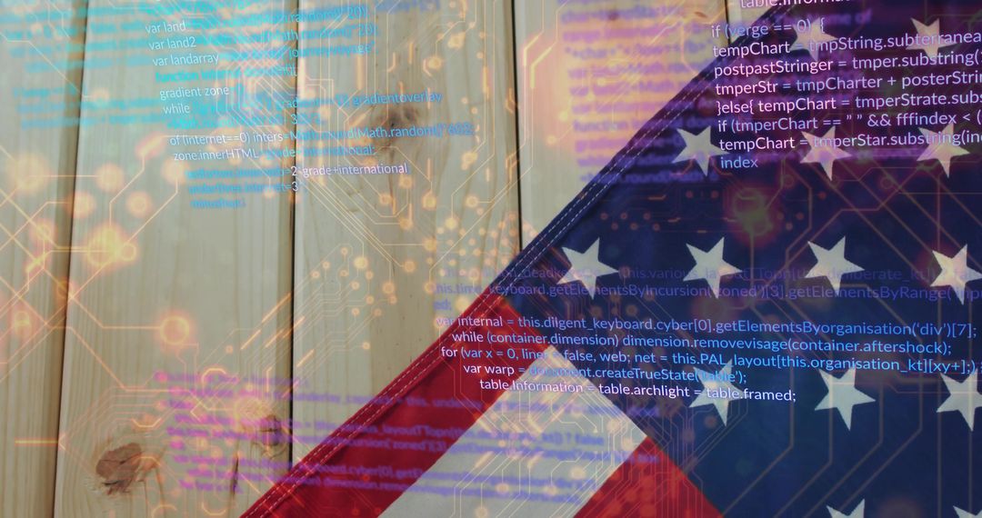 American Innovation: Digital Code over US Flag with Circuit Aesthetic