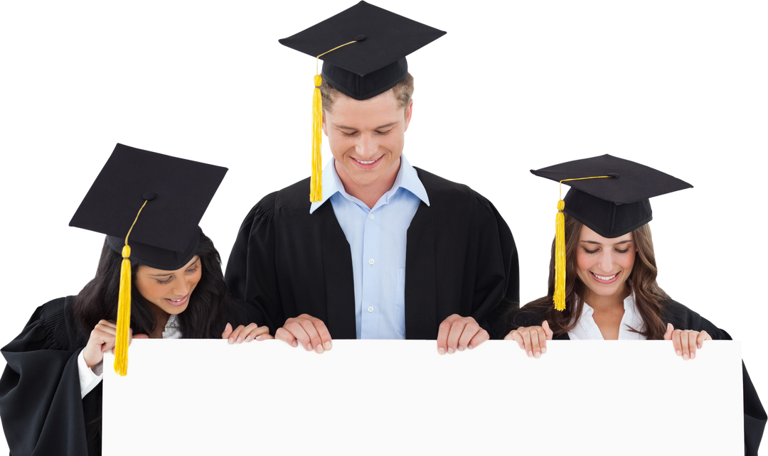 Three Happy Graduates Holding Transparent Blank Sheet Smiling Looking Down - Download Free Stock Images Pikwizard.com