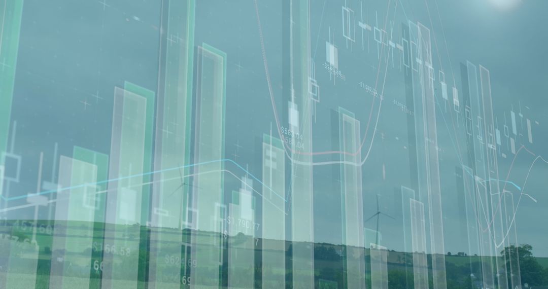 Financial Graphs Overlaying Wind Turbine and Landscape Hull