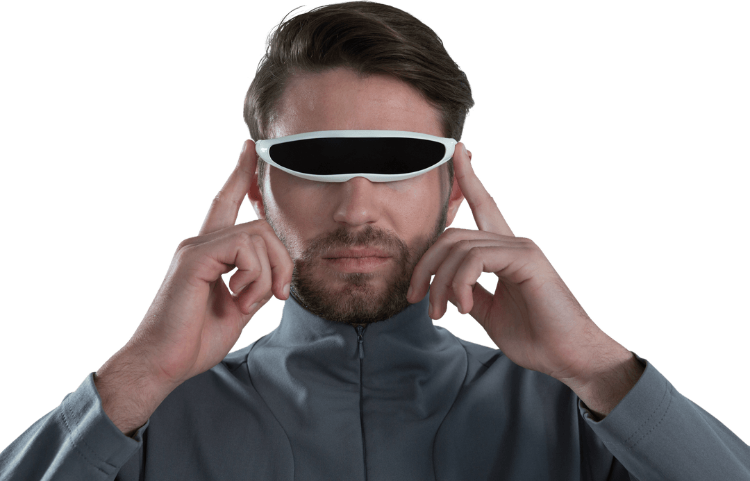 Man Wearing Transparent Seamless Virtual Reality Glasses