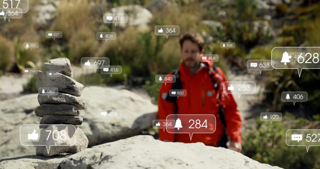 Hiker in Red Jacket Contemplating Digital Interaction Amidst Rocks and Nature
