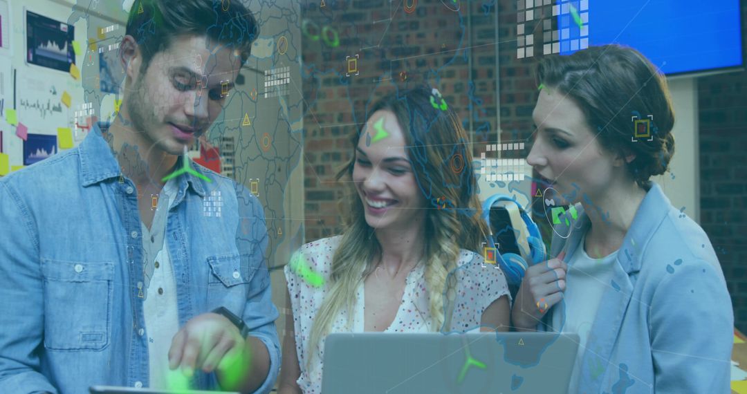 Young Team Collaborating with Augmented Reality Overlays on Laptop and Tablet