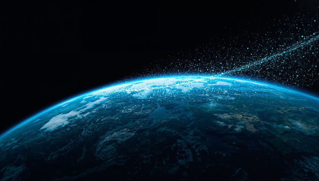 Earth glowing with streaming digital data arc and global network over night-side horizon
