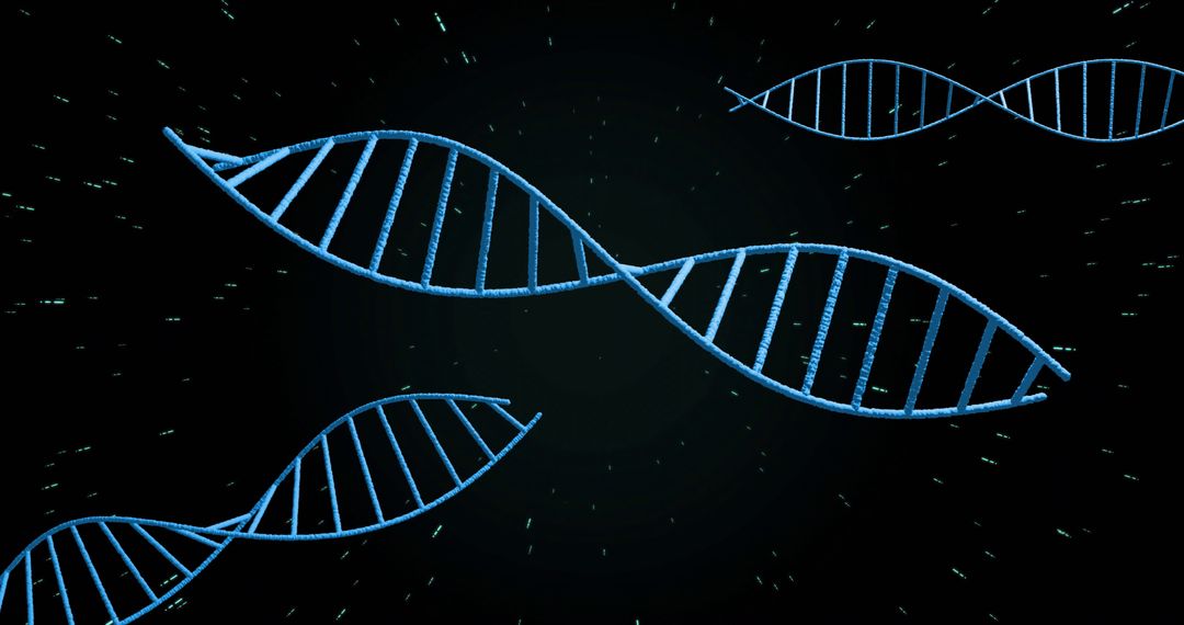 Floating Blue DNA Helices Amidst Glowing Particles in Dark Background