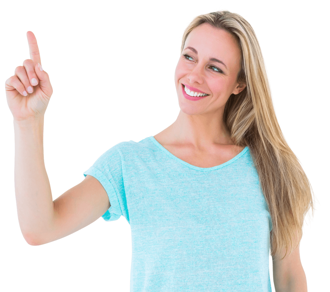 Transparent Smiling Woman Pointing Upward with Positive Expression