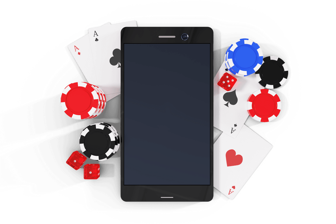 Transparent Smartphone Surrounded by Colorful Casino Tokens and Playing Cards