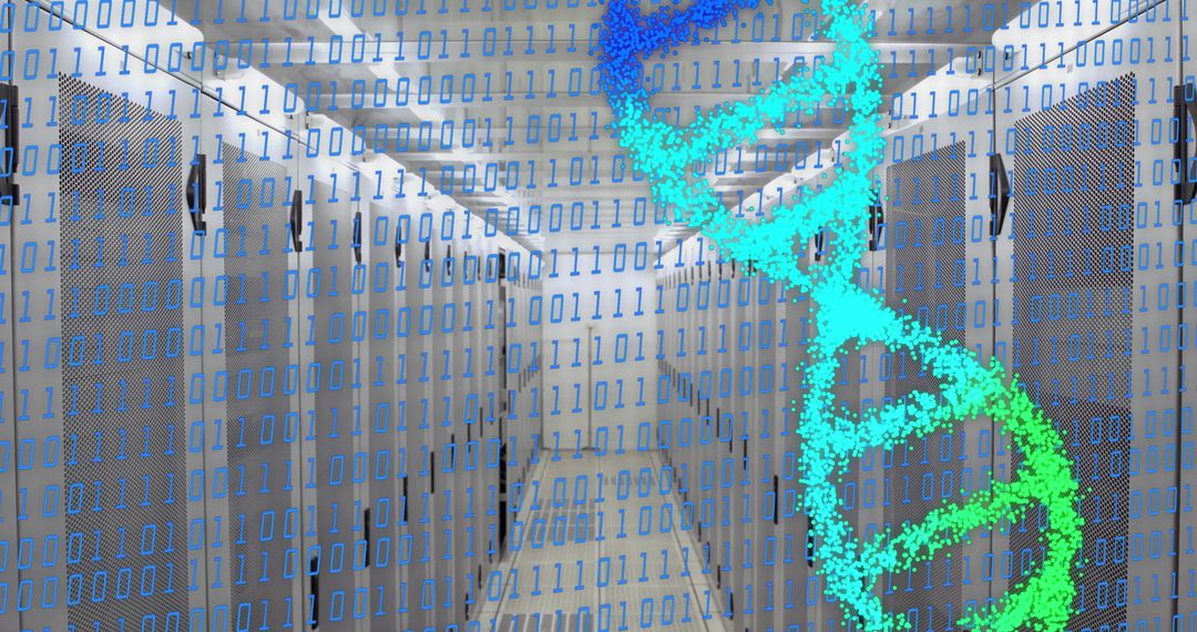DNA Strands Overlay in Data Center Server Room