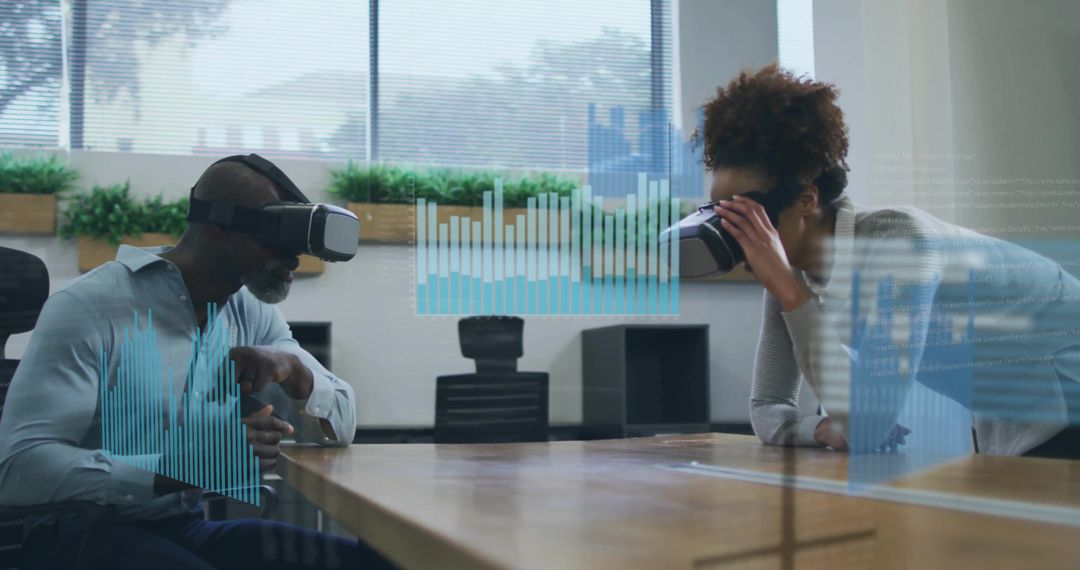 Coworkers Wearing VR Headsets Collaborating with Interactive Data Visualizations in Boardroom