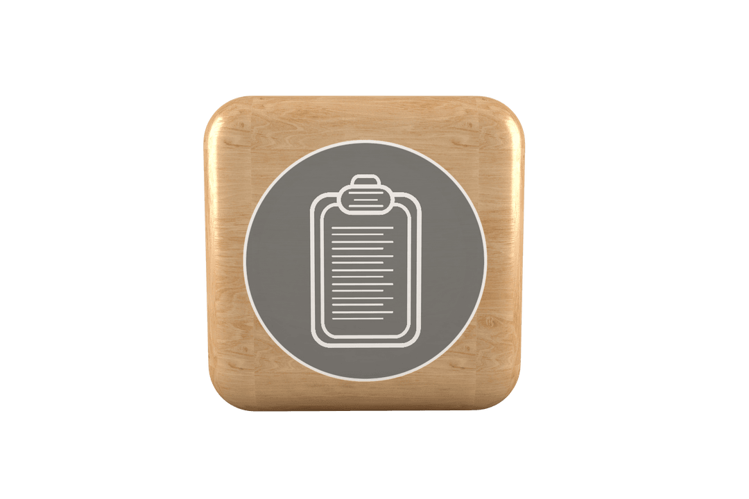 Transparent Clipboard Icon on Wooden Cube for Technology and Interface Design