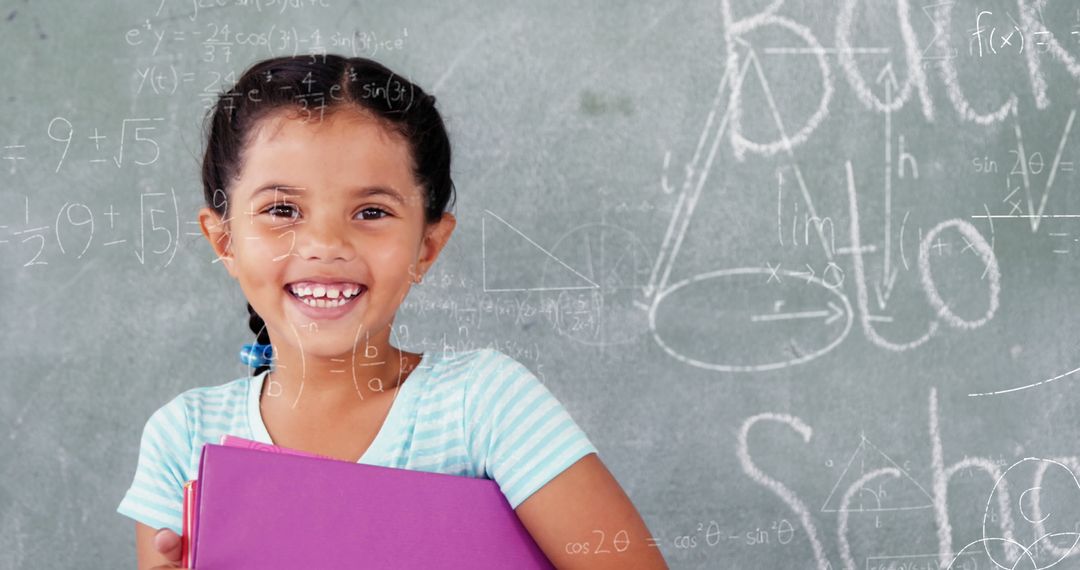 Image of mathematical equations over biracial girl holding files smiling in the class at school - Free Images, Stock Photos and Pictures on Pikwizard.com