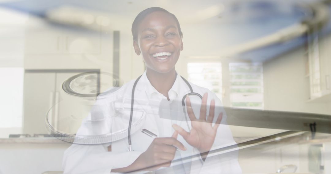 Smiling Female Doctor Discussing Digital Healthcare Solutions