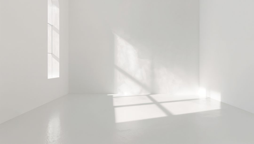 Sunlight Pouring Through Window Casting Grid Shadow on Glossy White Minimalist Interior