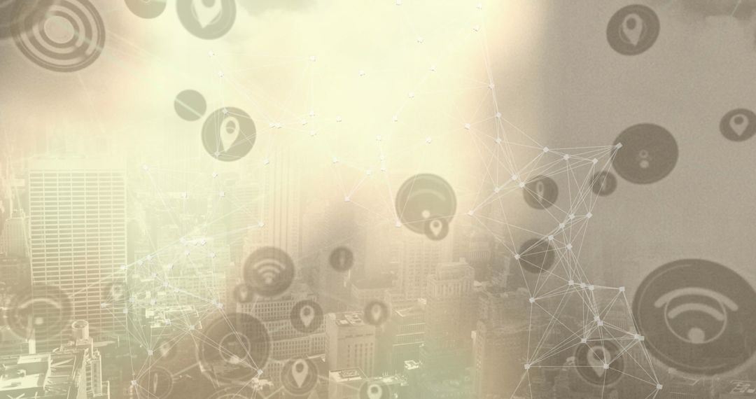 Digital Network Interface with Icon Overlay on Urban Cityscape